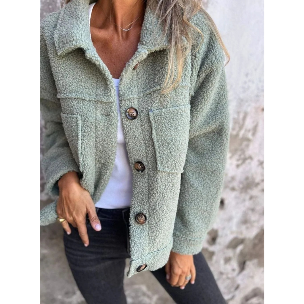 Meike | Damen Teddy Winterjacke mit Kragen, Knöpfen und Taschen