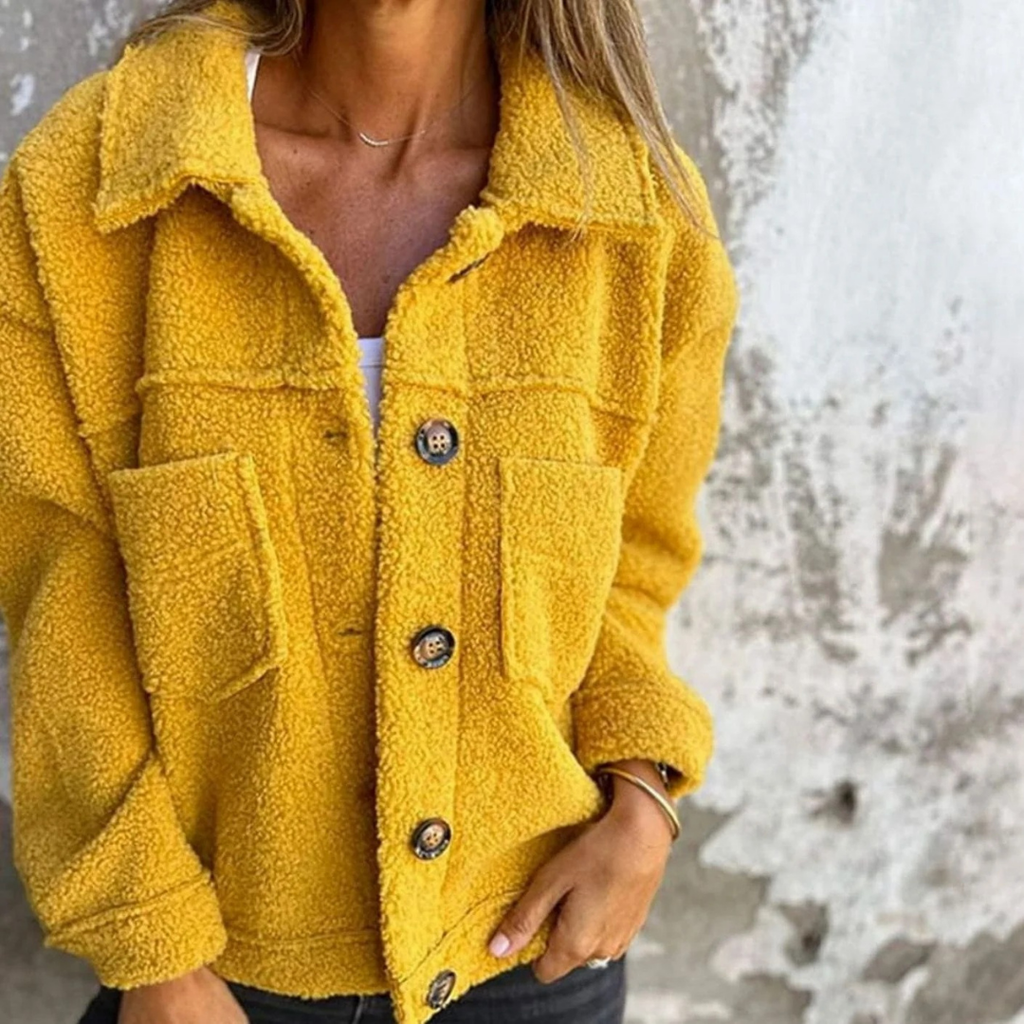 Meike | Damen Teddy Winterjacke mit Kragen, Knöpfen und Taschen
