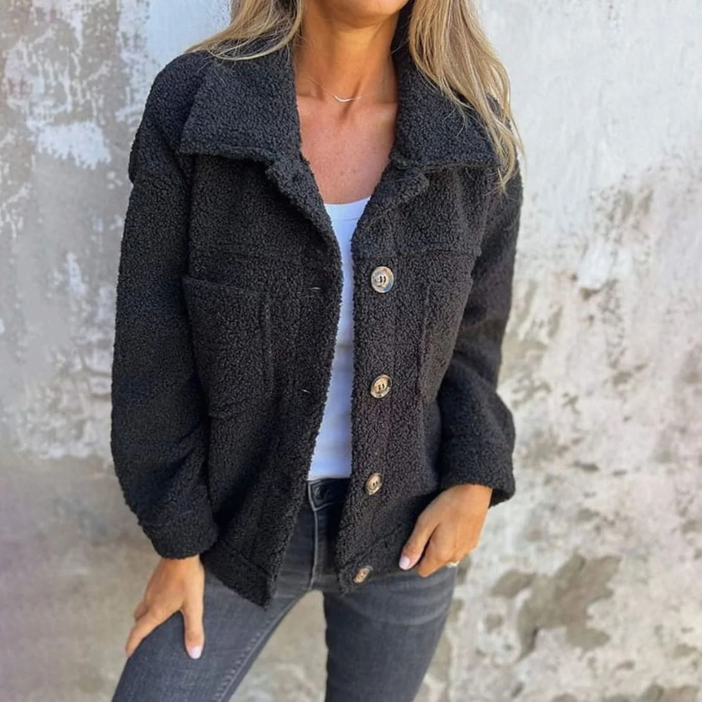 Meike | Damen Teddy Winterjacke mit Kragen, Knöpfen und Taschen