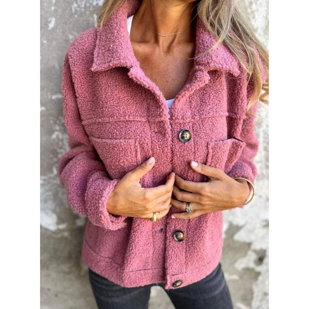 Meike | Damen Teddy Winterjacke mit Kragen, Knöpfen und Taschen