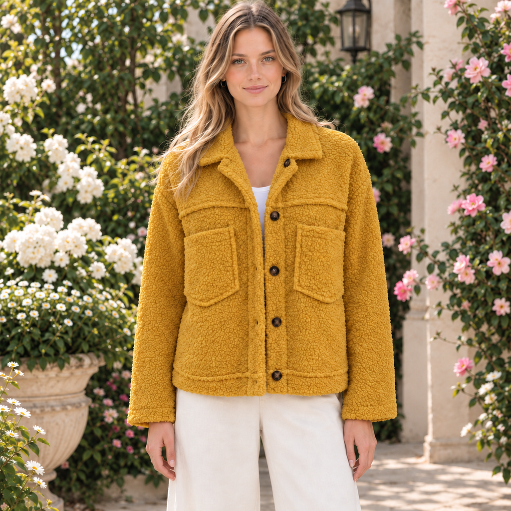 Meike | Damen Teddy Winterjacke mit Kragen, Knöpfen und Taschen