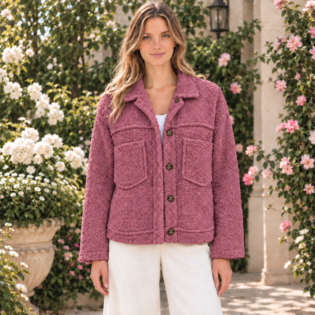 Meike | Damen Teddy Winterjacke mit Kragen, Knöpfen und Taschen