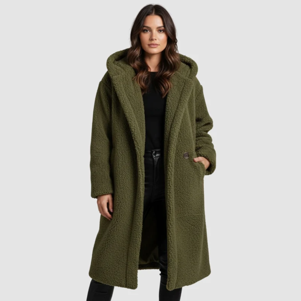 Melina | Damen Winterjacke Teddy mit Kapuze und langem Schnitt