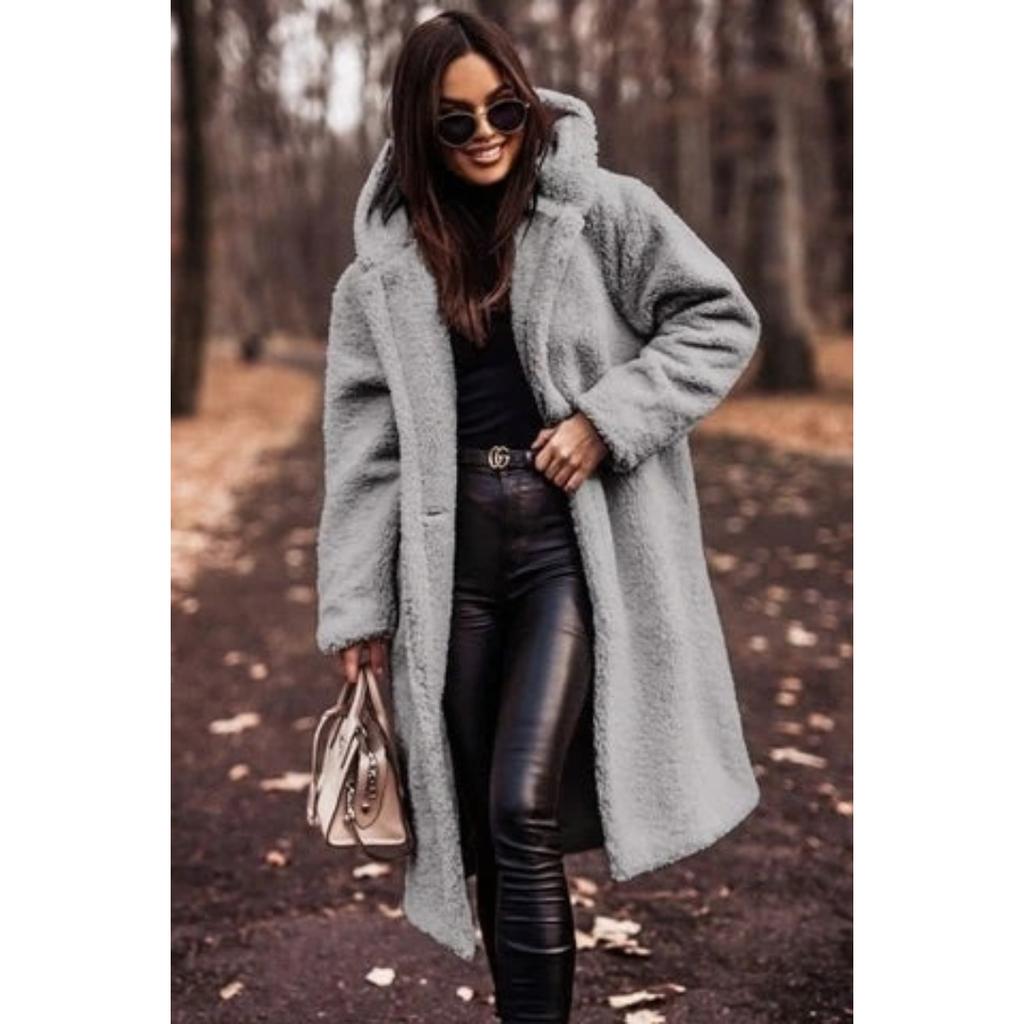 Melina | Damen Winterjacke Teddy mit Kapuze und langem Schnitt
