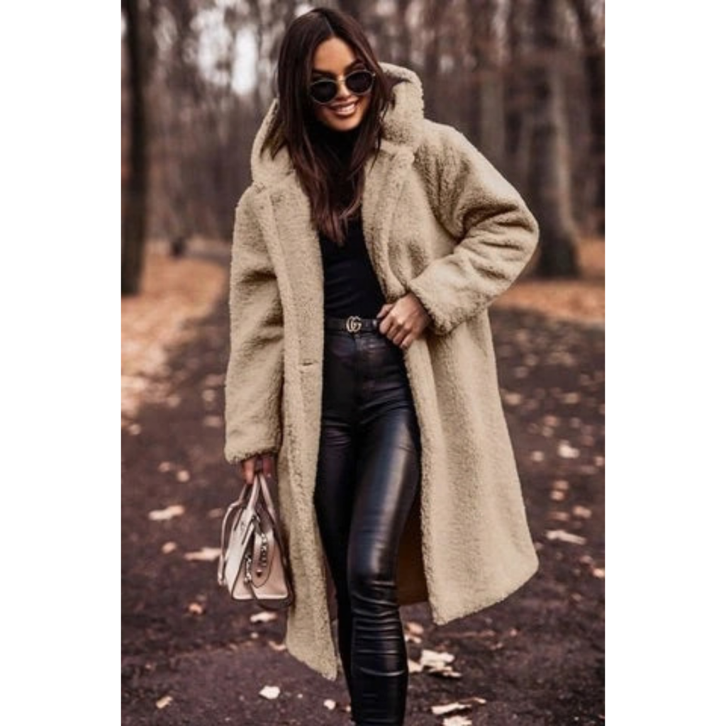 Melina | Damen Winterjacke Teddy mit Kapuze und langem Schnitt