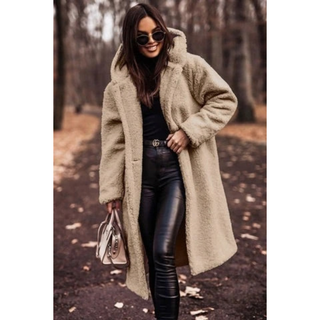 Melina | Damen Winterjacke Teddy mit Kapuze und langem Schnitt