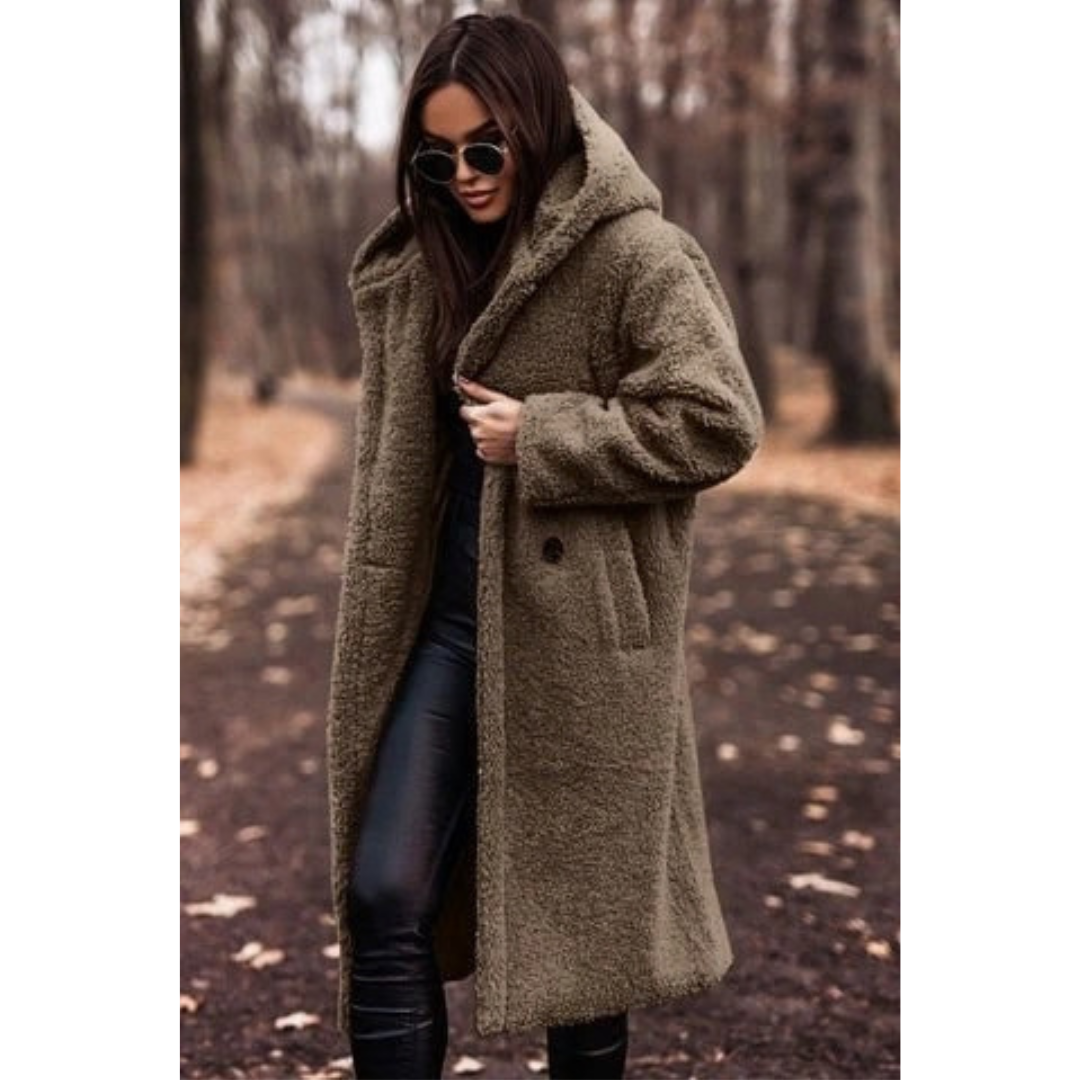 Melina | Damen Winterjacke Teddy mit Kapuze und langem Schnitt