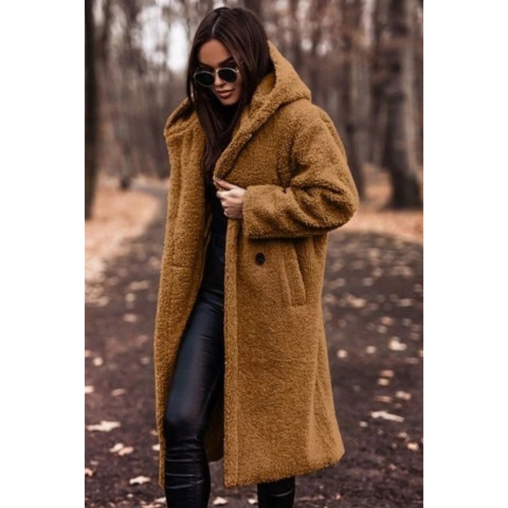 Melina | Damen Winterjacke Teddy mit Kapuze und langem Schnitt