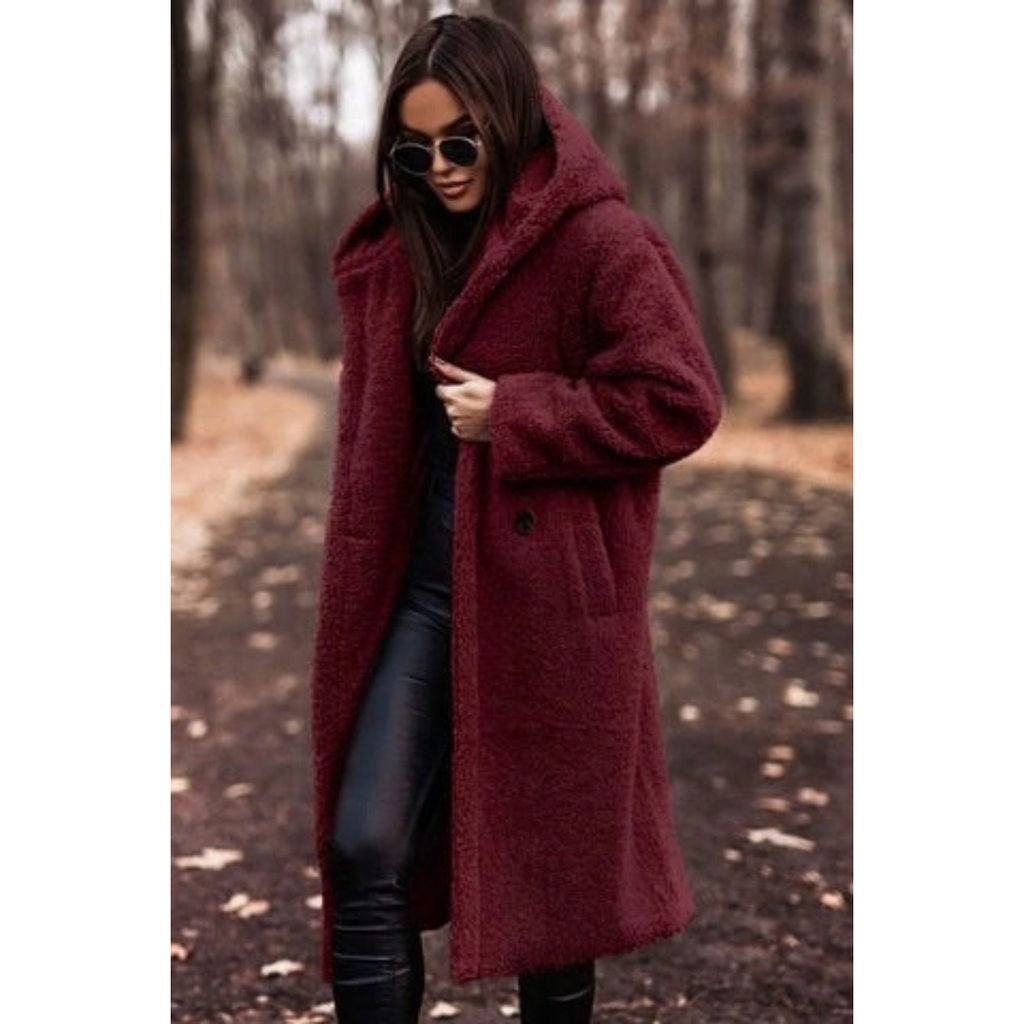 Melina | Damen Winterjacke Teddy mit Kapuze und langem Schnitt