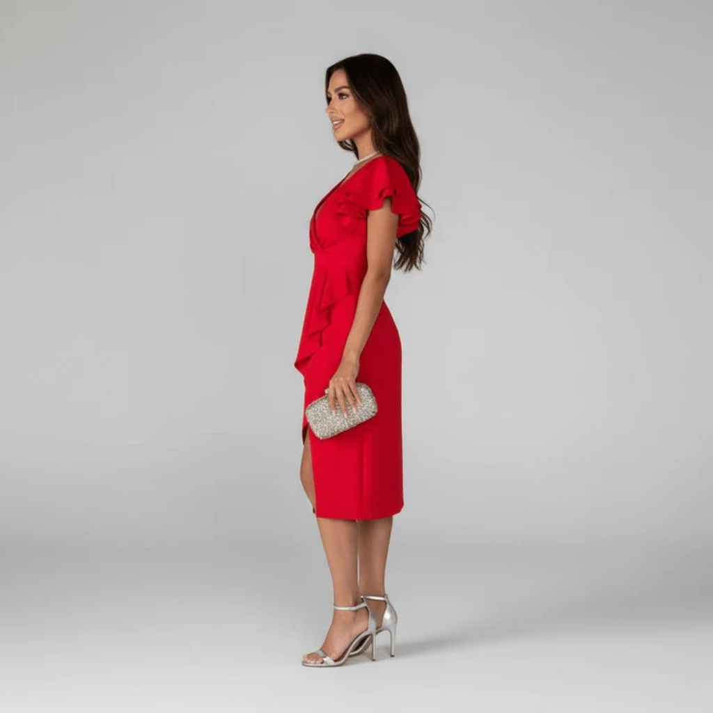 Merle | Damen Feminines Midikleid Mit Rüschen Details