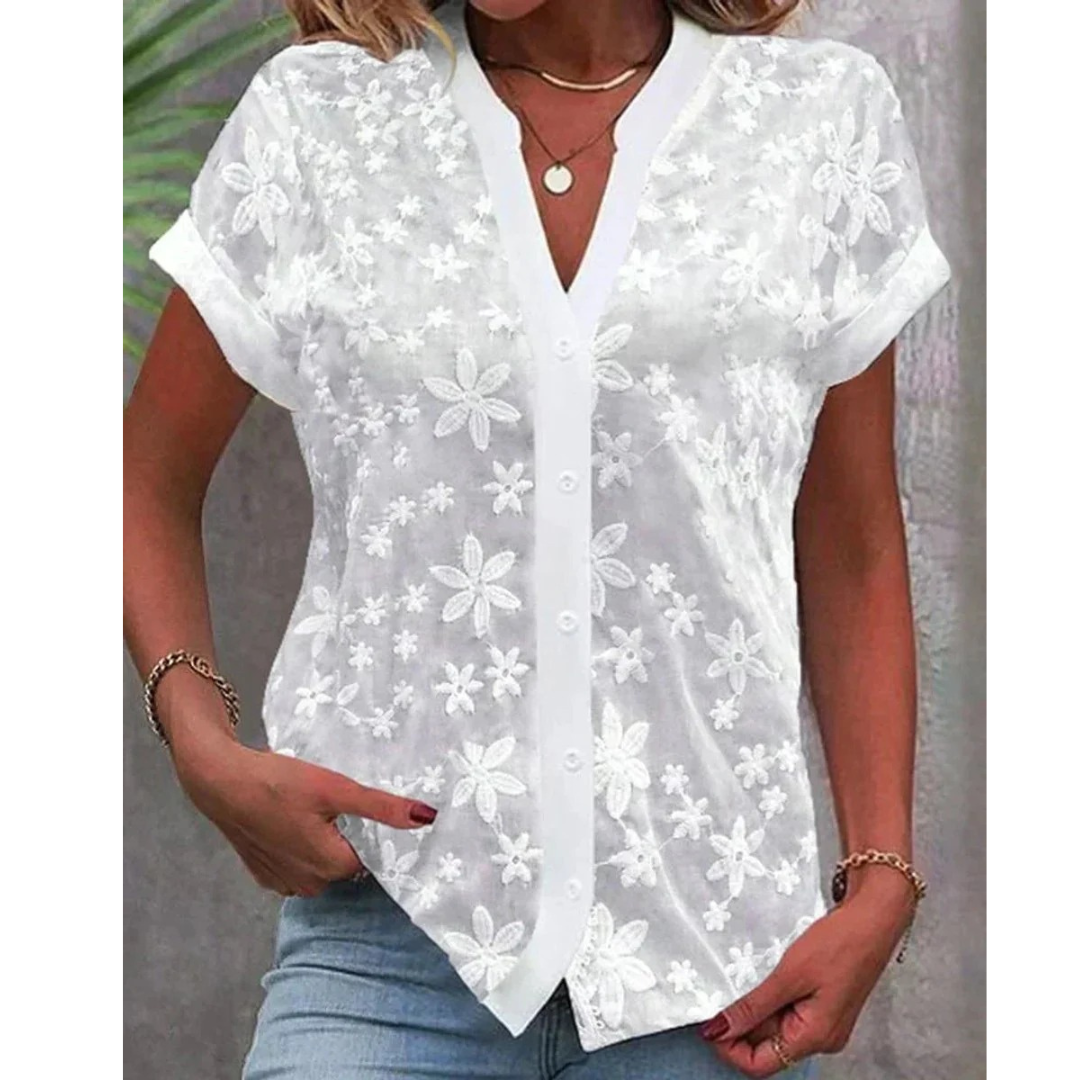 Mia | Damen Weiße Kurzarm Bluse Mit V-Ausschnitt