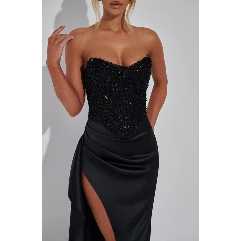 Mia | Damen Schwarze Elegante Maxikleid