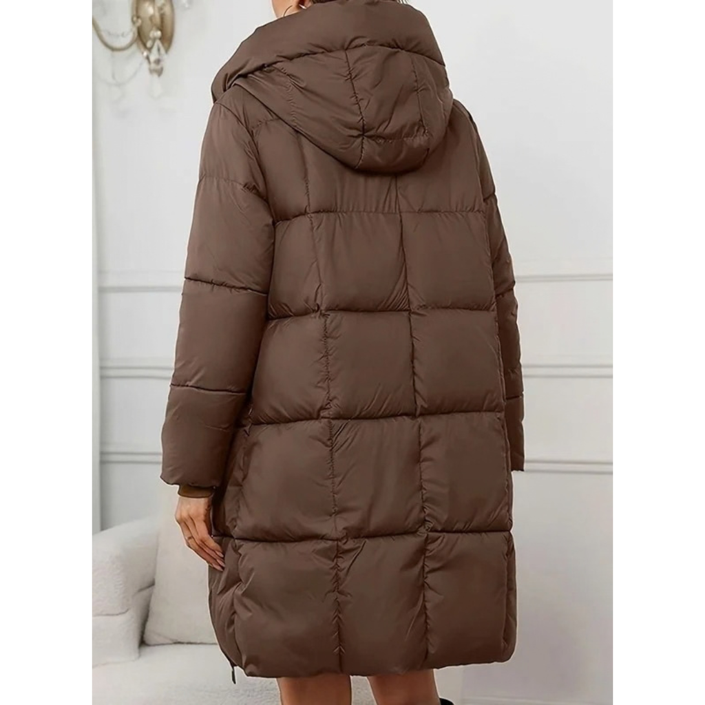 Michaela | Damen Lange Winterjacke mit Kapuze und Puffer Design