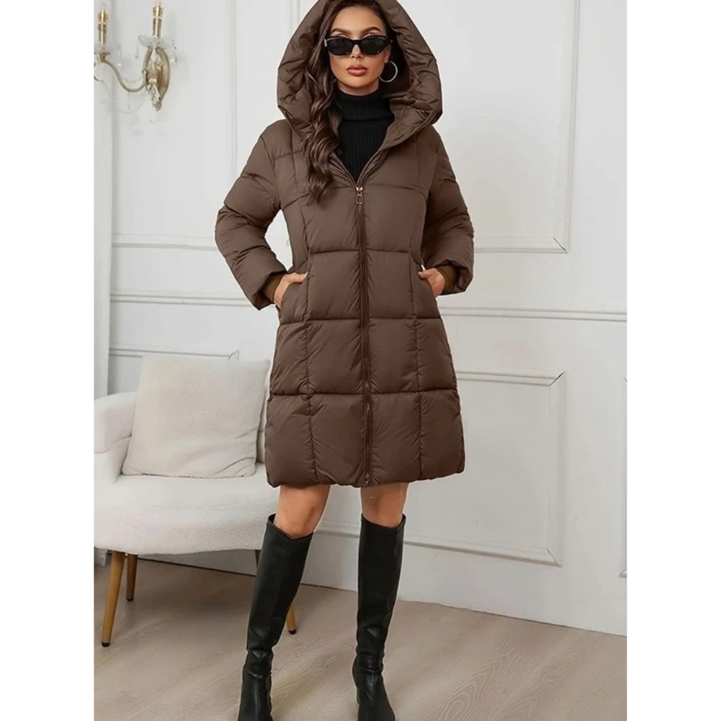 Michaela | Damen Lange Winterjacke mit Kapuze und Puffer Design