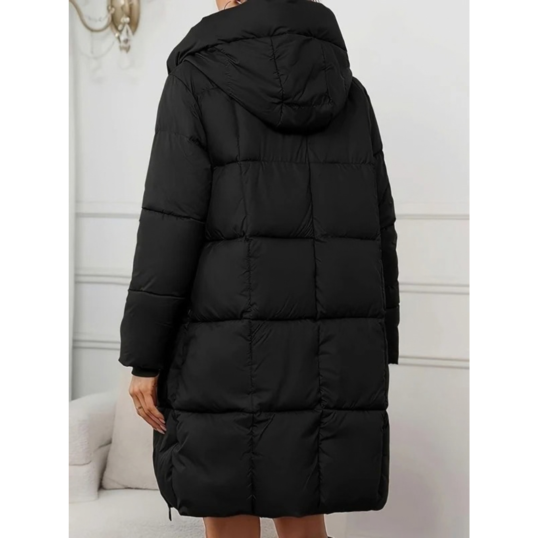 Michaela | Damen Lange Winterjacke mit Kapuze und Puffer Design