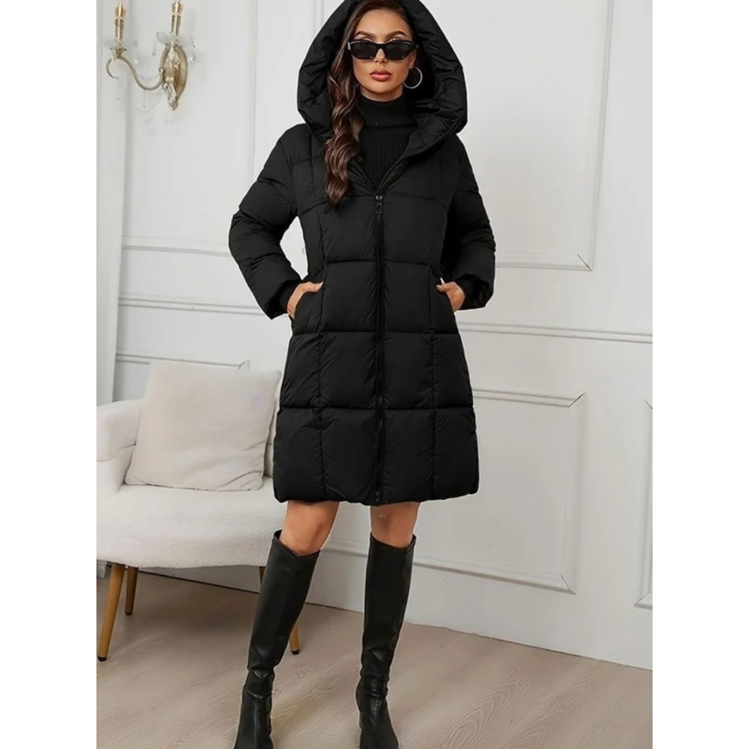 Michaela | Damen Lange Winterjacke mit Kapuze und Puffer Design