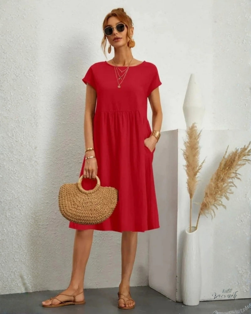 Midi-Abendkleid mit A-Linie, Rundhalsausschnitt und Taschen