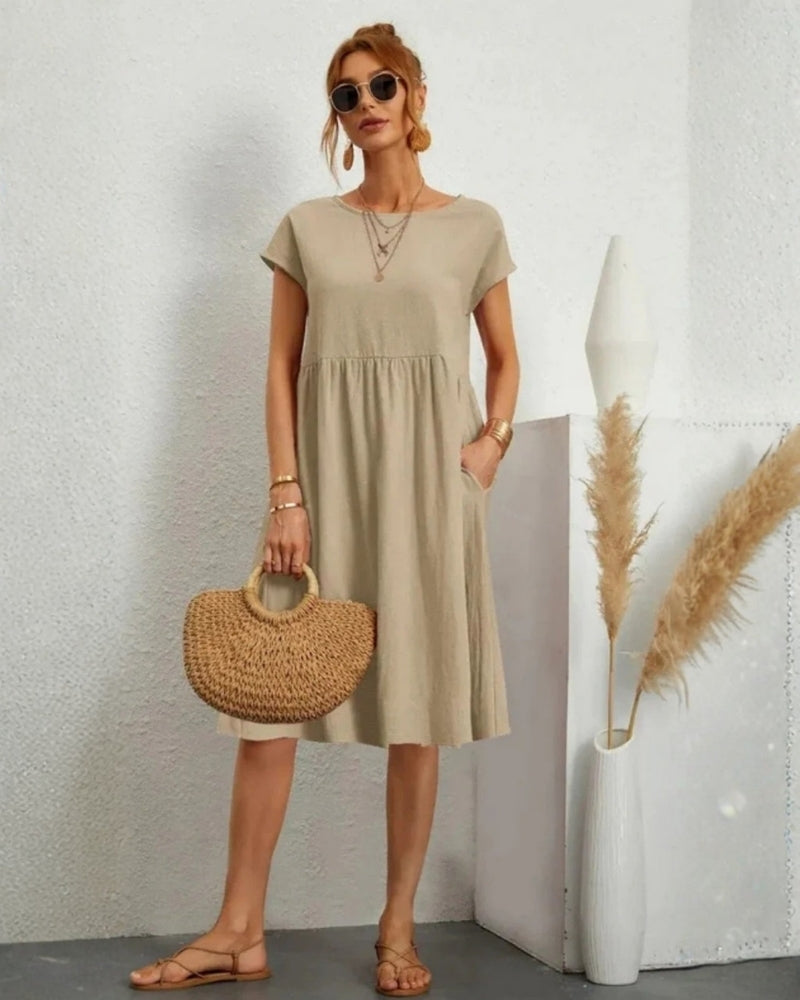 Midi-Abendkleid mit A-Linie, Rundhalsausschnitt und Taschen