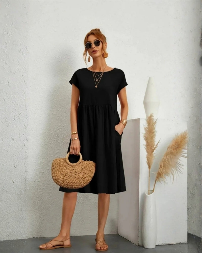 Midi-Abendkleid mit A-Linie, Rundhalsausschnitt und Taschen