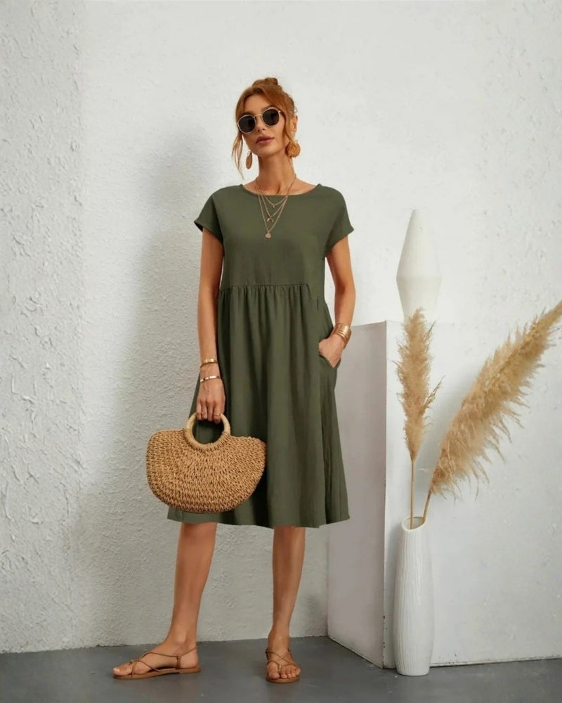 Midi-Abendkleid mit A-Linie, Rundhalsausschnitt und Taschen