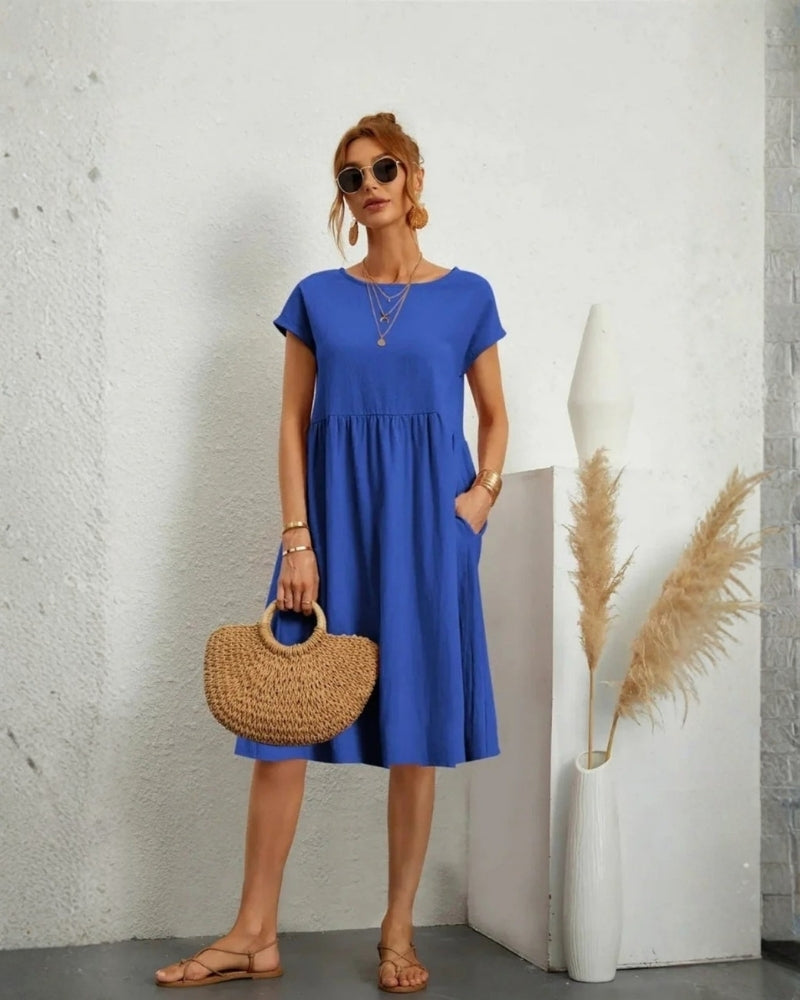 Midi-Abendkleid mit A-Linie, Rundhalsausschnitt und Taschen