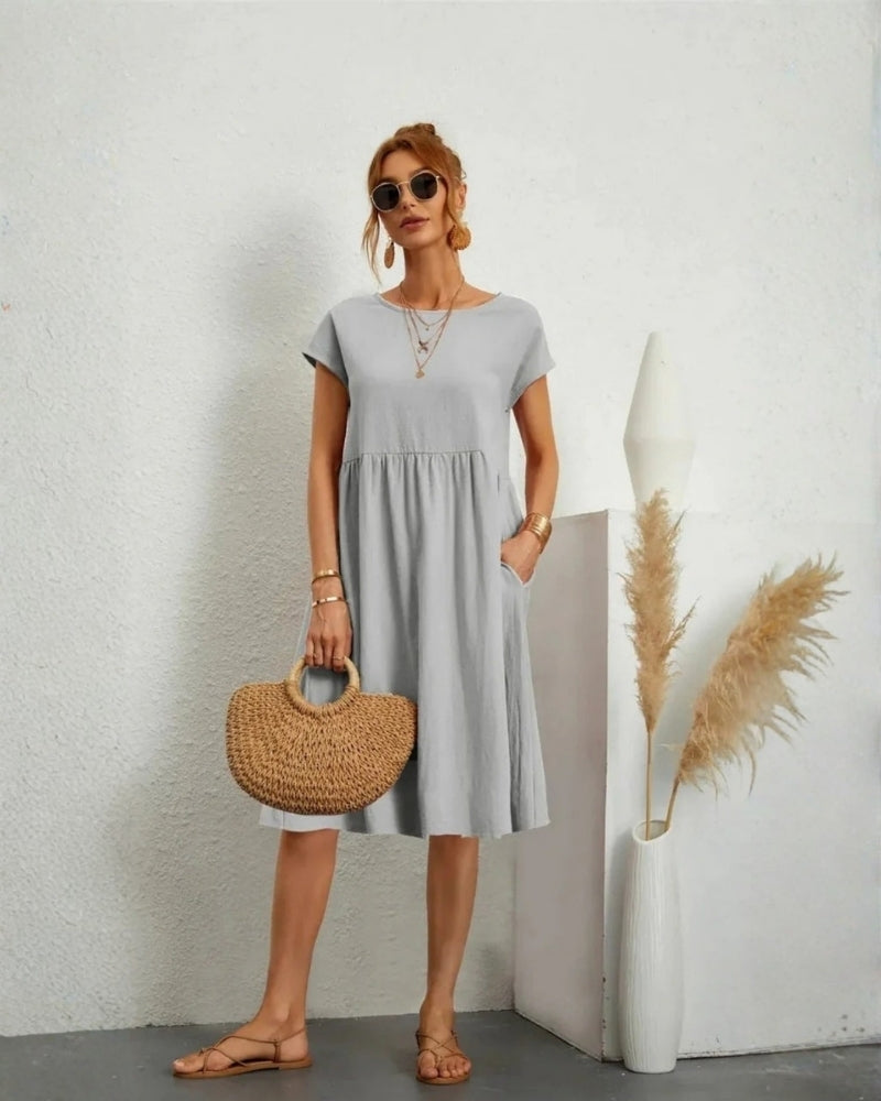 Midi-Abendkleid mit A-Linie, Rundhalsausschnitt und Taschen