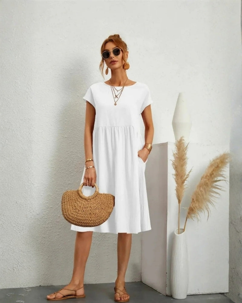 Midi-Abendkleid mit A-Linie, Rundhalsausschnitt und Taschen