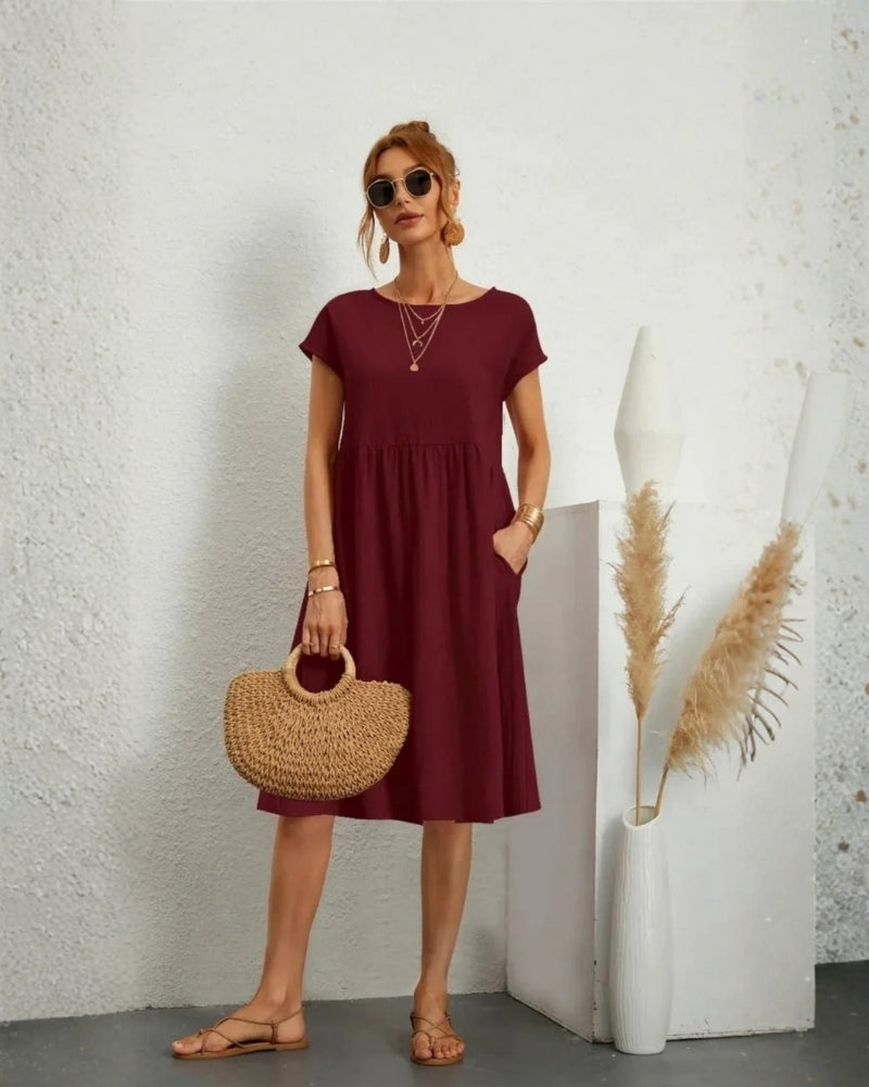 Midi-Abendkleid mit A-Linie, Rundhalsausschnitt und Taschen