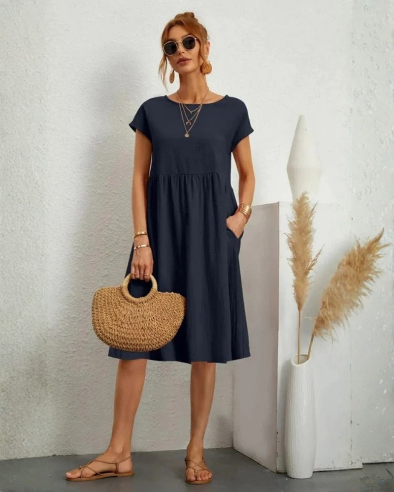 Midi-Abendkleid mit A-Linie, Rundhalsausschnitt und Taschen