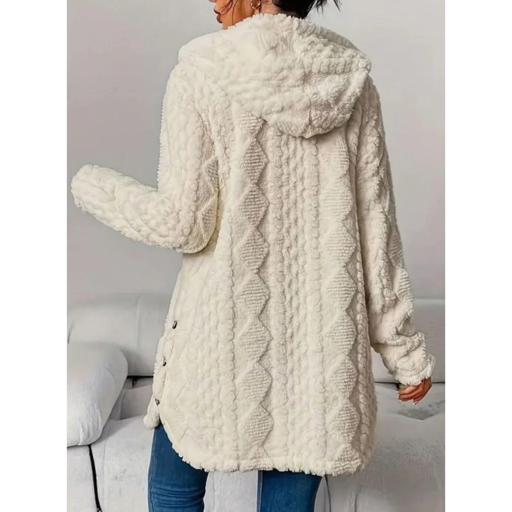 Milana | Damen Strickjacke mit Kapuze, Knöpfen und langem Schnitt