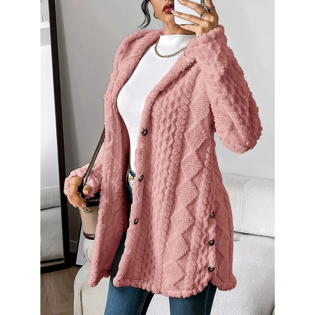 Milana | Damen Strickjacke mit Kapuze, Knöpfen und langem Schnitt