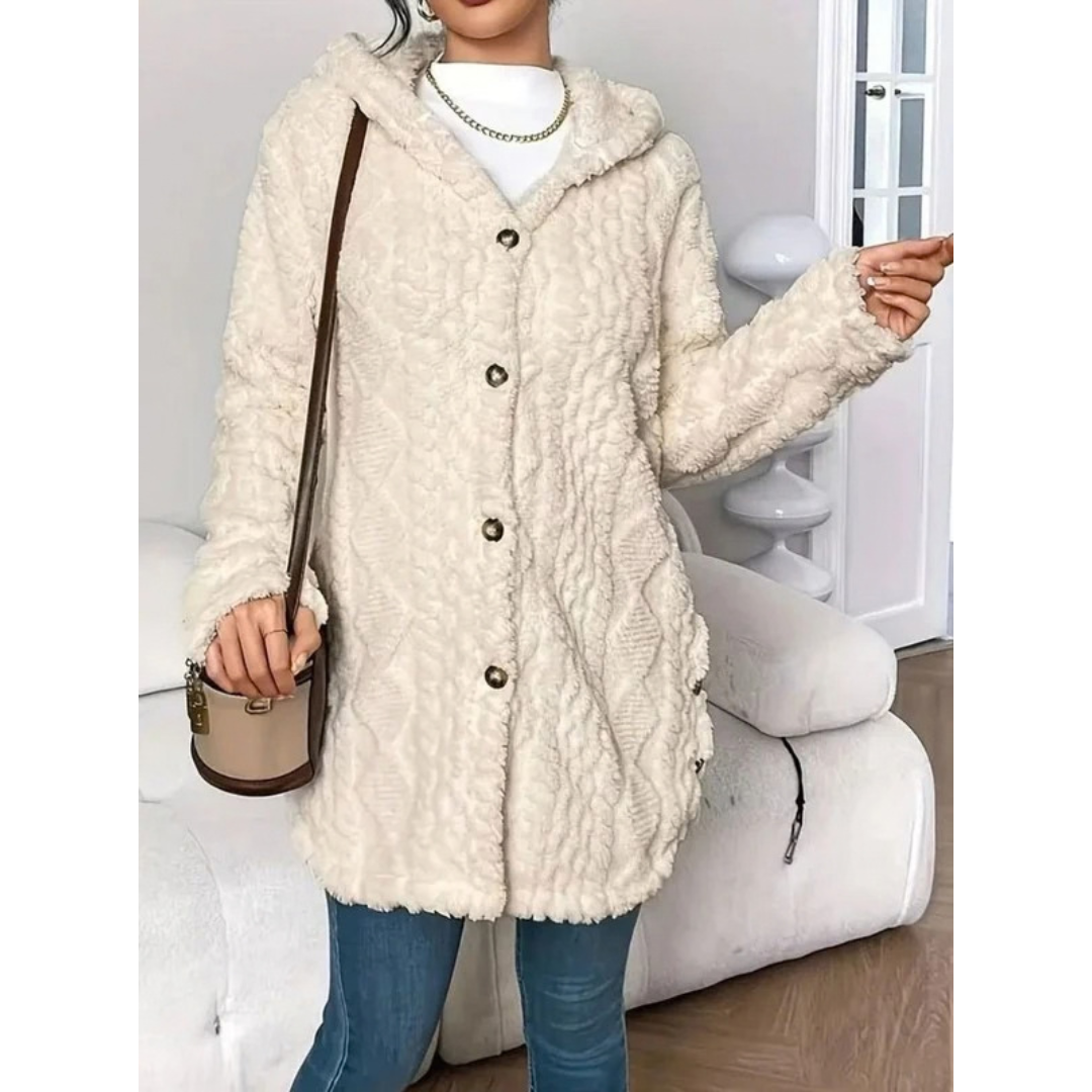 Milana | Damen Strickjacke mit Kapuze, Knöpfen und langem Schnitt