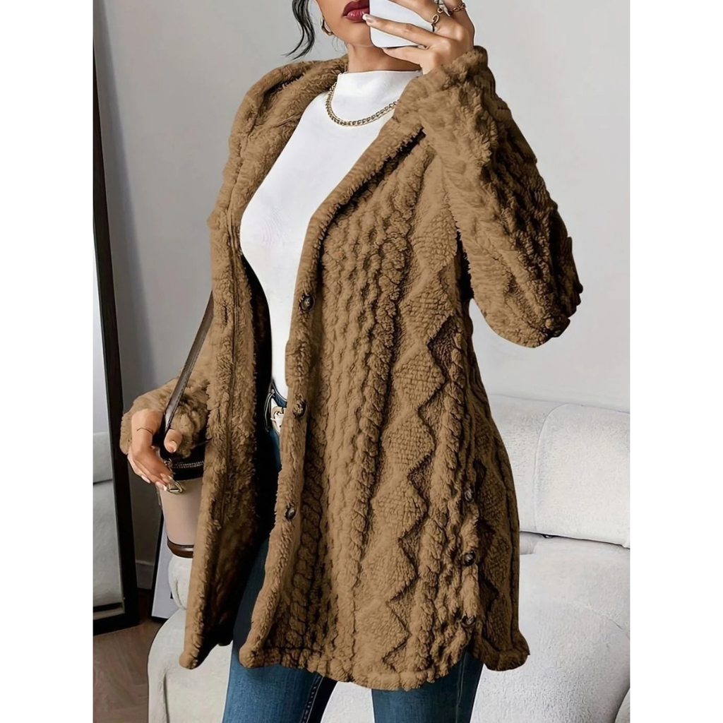 Milana | Damen Strickjacke mit Kapuze, Knöpfen und langem Schnitt