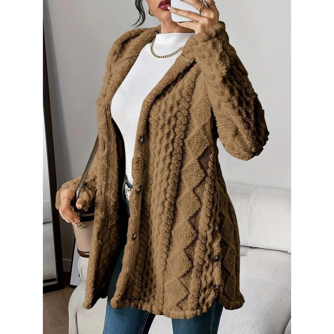 Milana | Damen Strickjacke mit Kapuze, Knöpfen und langem Schnitt