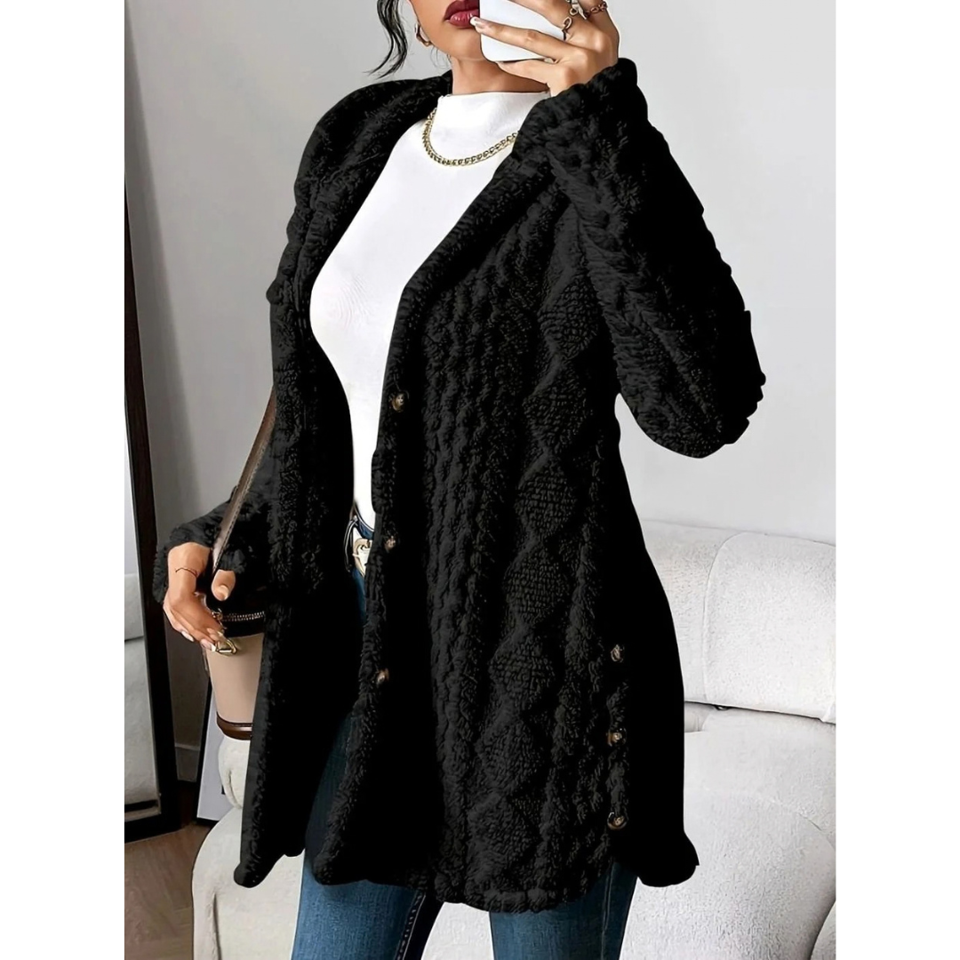Milana | Damen Strickjacke mit Kapuze, Knöpfen und langem Schnitt