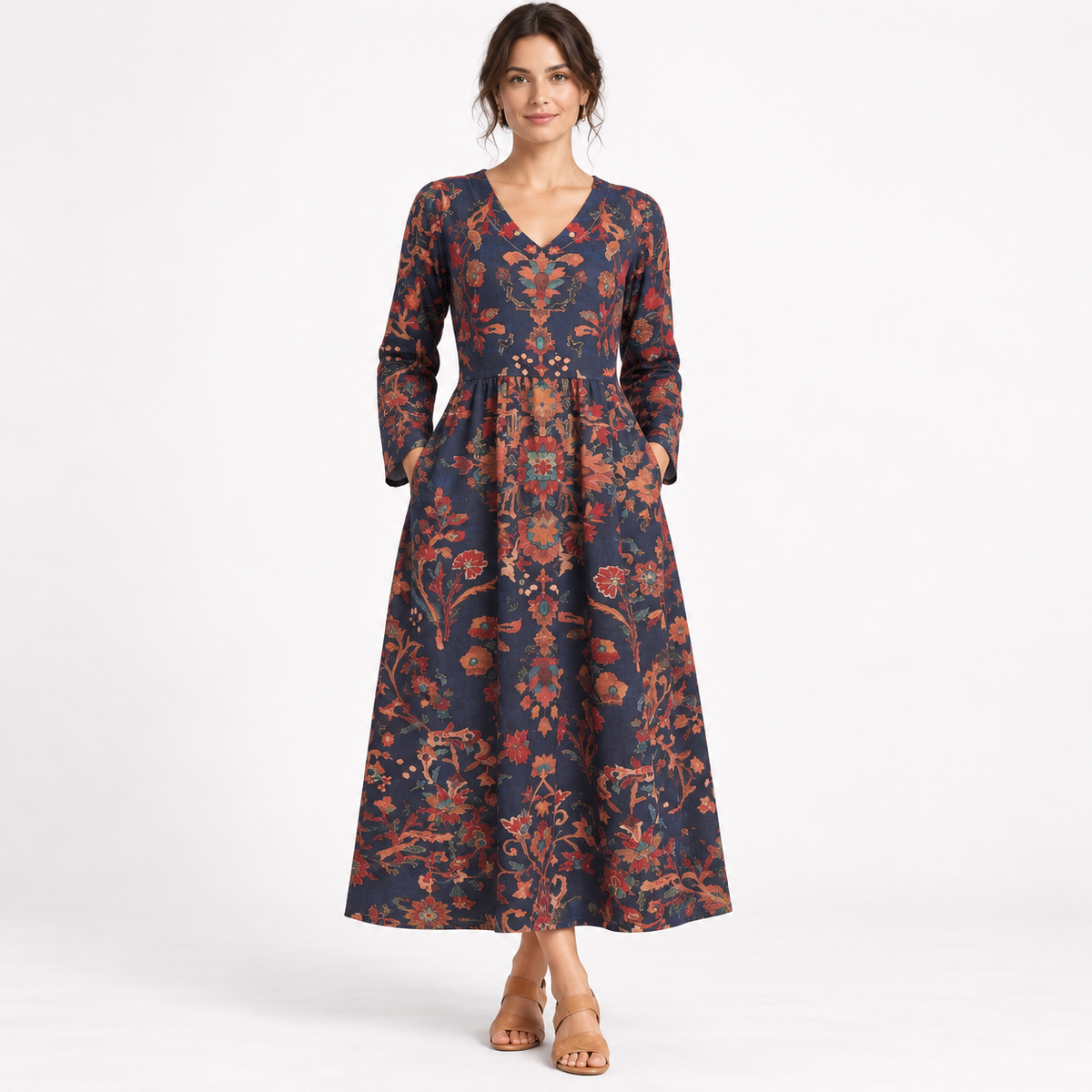 Mina | Damen Herbst Maxikleid für Hochzeitsgäste mit V-Ausschnitt