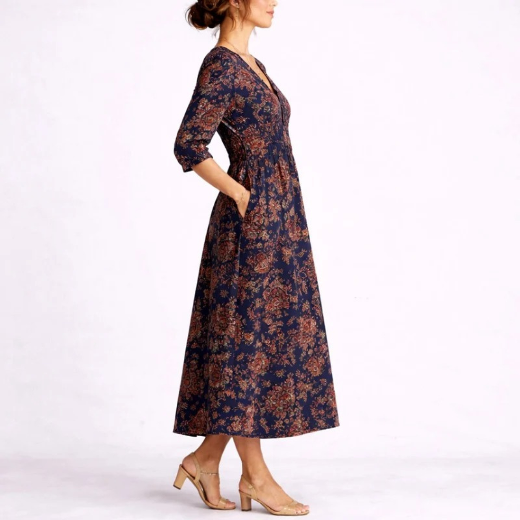 Mina | Damen Herbst Maxikleid für Hochzeitsgäste mit V-Ausschnitt