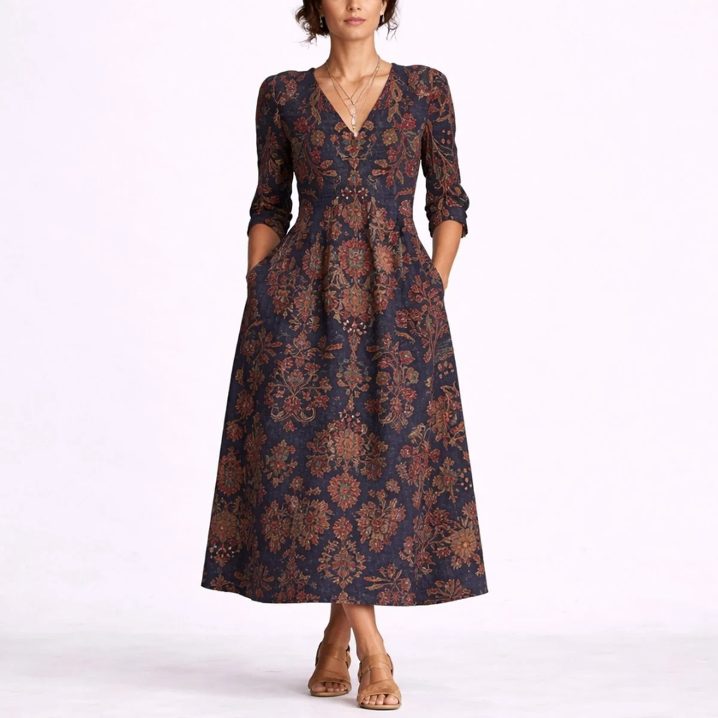 Mina | Damen Herbst Maxikleid für Hochzeitsgäste mit V-Ausschnitt