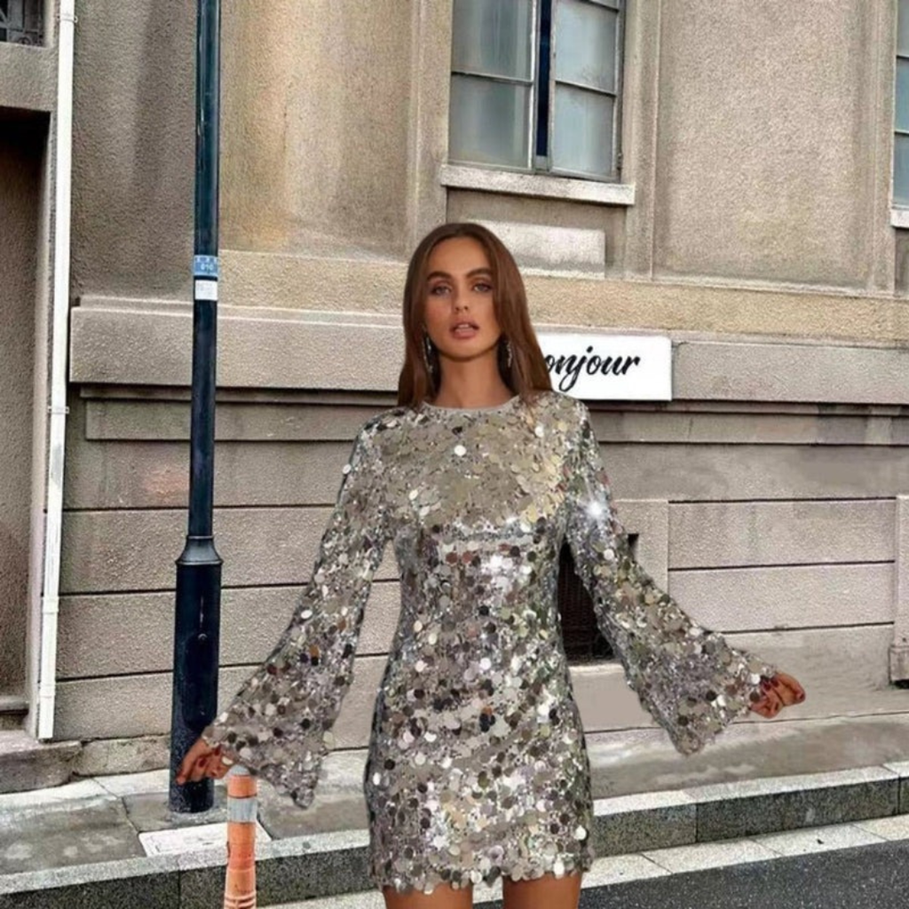 Mira | Damen Silber Glitzer Cocktail Minikleid mit Pailletten