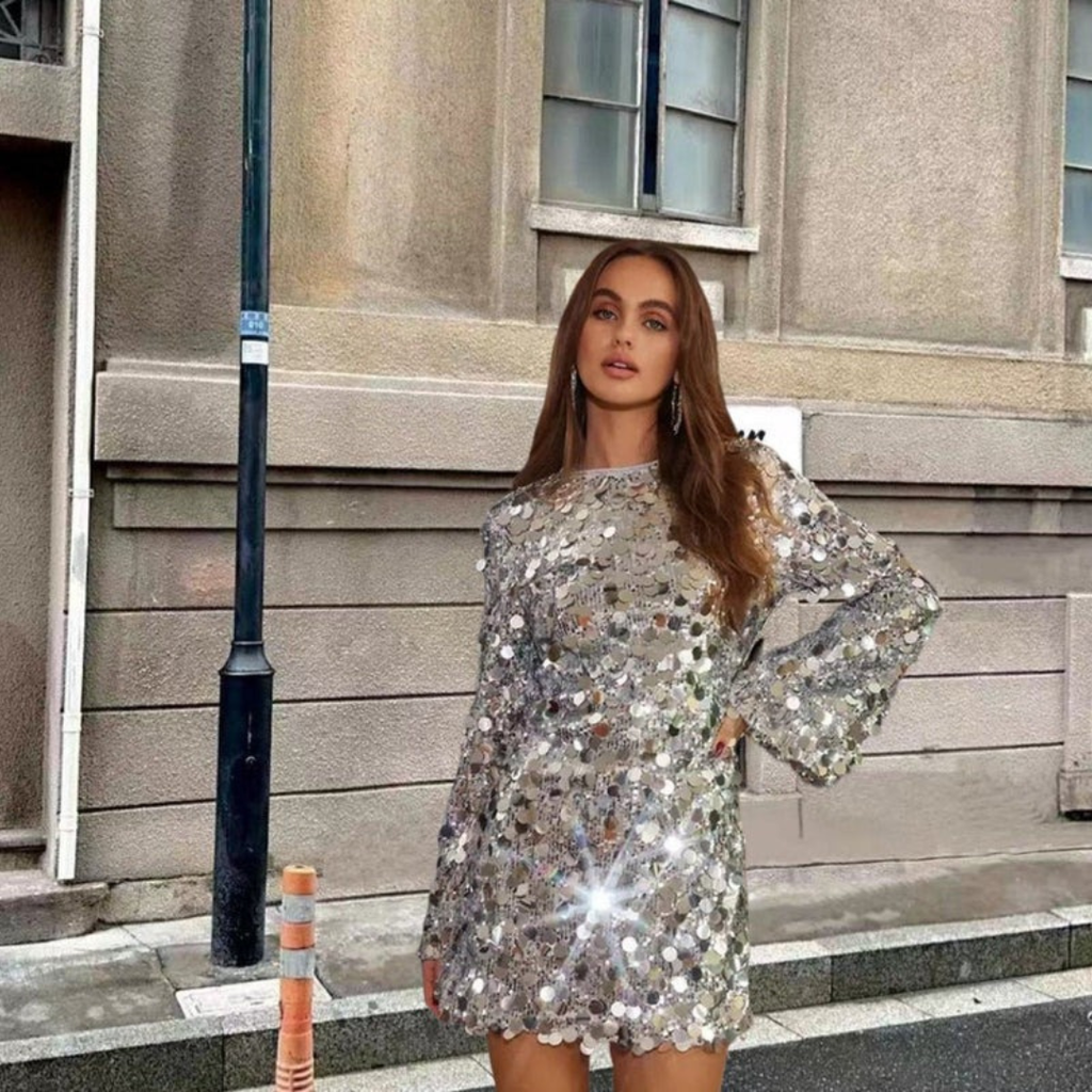 Mira | Damen Silber Glitzer Cocktail Minikleid mit Pailletten