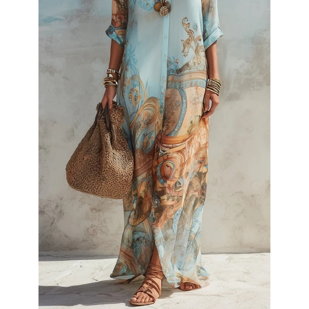 Mirella | Damen Blaues Maxikleid Langarm mit Paisley Print und Hemd Stil