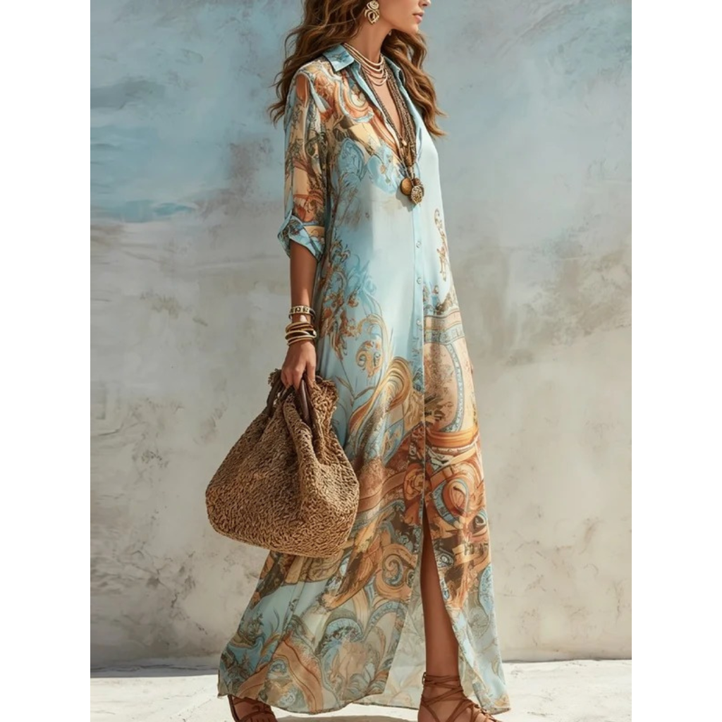 Mirella | Damen Blaues Maxikleid Langarm mit Paisley Print und Hemd Stil
