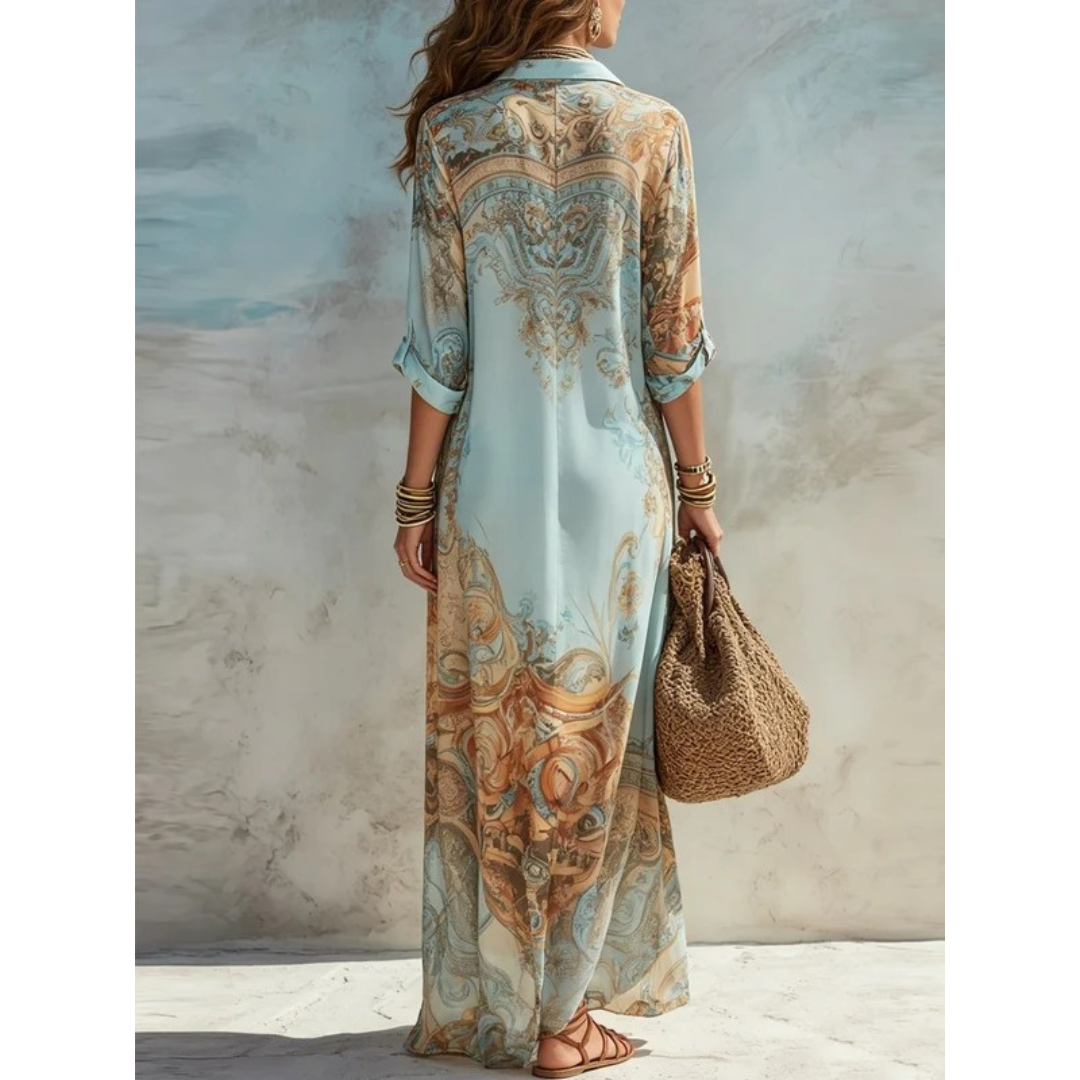 Mirella | Damen Blaues Maxikleid Langarm mit Paisley Print und Hemd Stil
