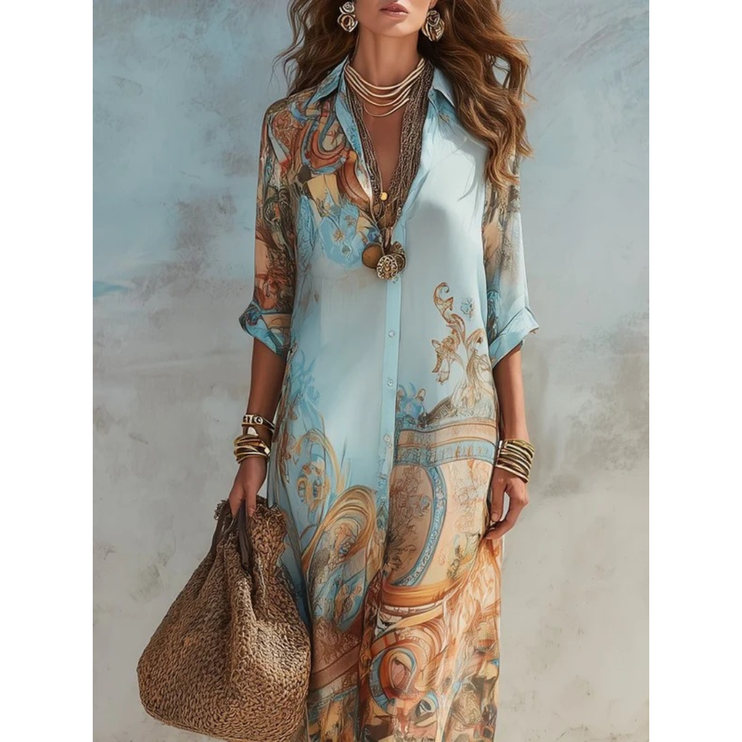 Mirella | Damen Blaues Maxikleid Langarm mit Paisley Print und Hemd Stil