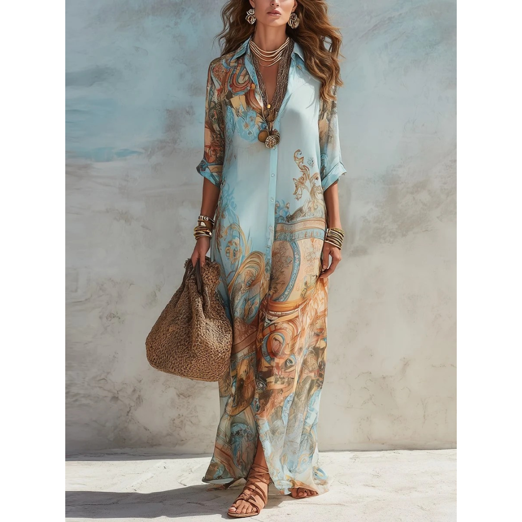Mirella | Damen Blaues Maxikleid Langarm mit Paisley Print und Hemd Stil