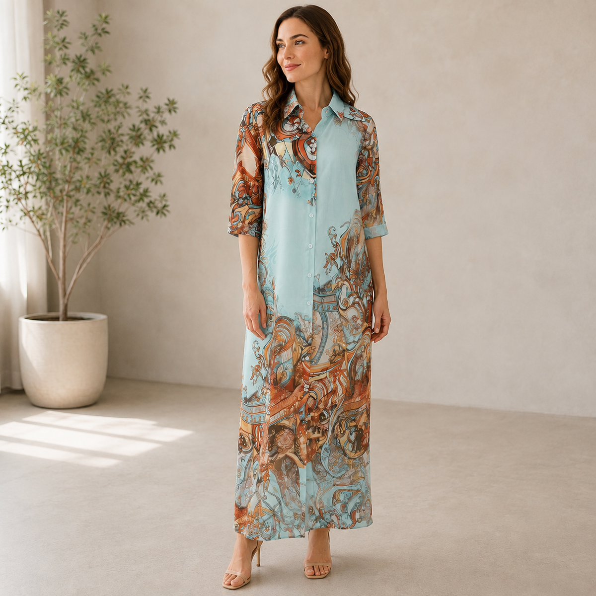 Mirella | Damen Blaues Maxikleid Langarm mit Paisley Print und Hemd Stil
