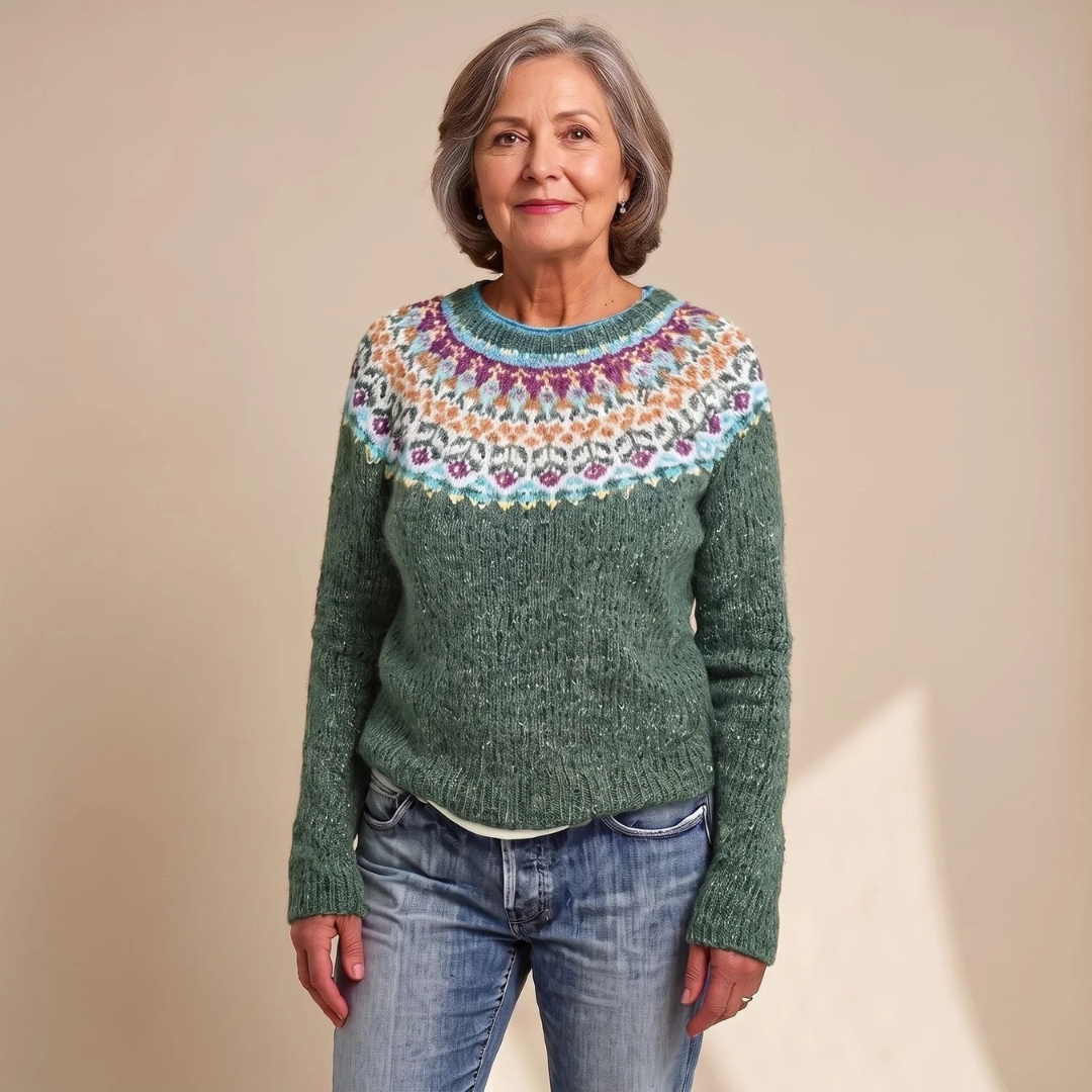Miriam | Damen Strickpullover mit Blumenmuster in Grün