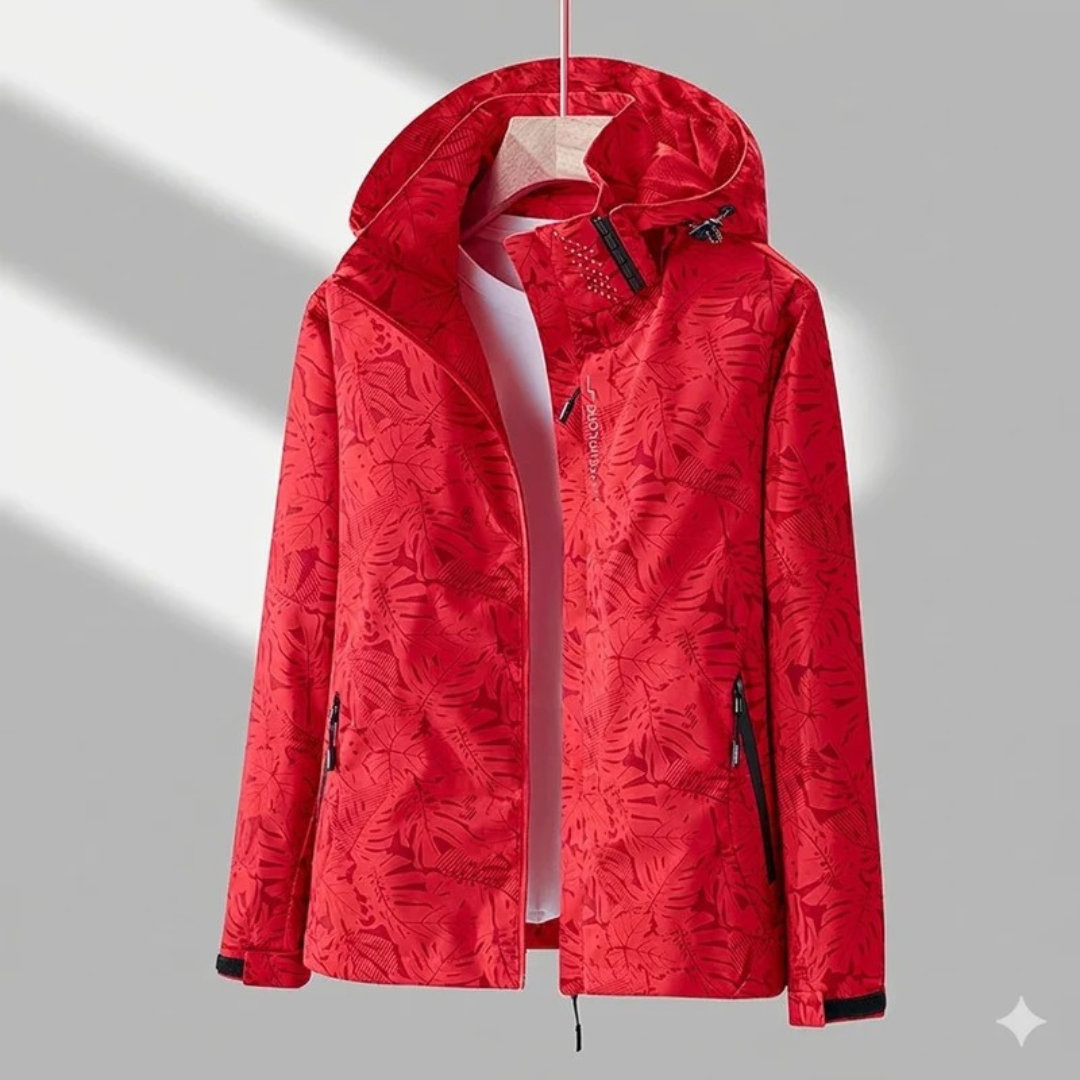 Miriam | Damen Wasserdichte Regenjacke mit Kapuze, Langer Schnitt und Muster Optik