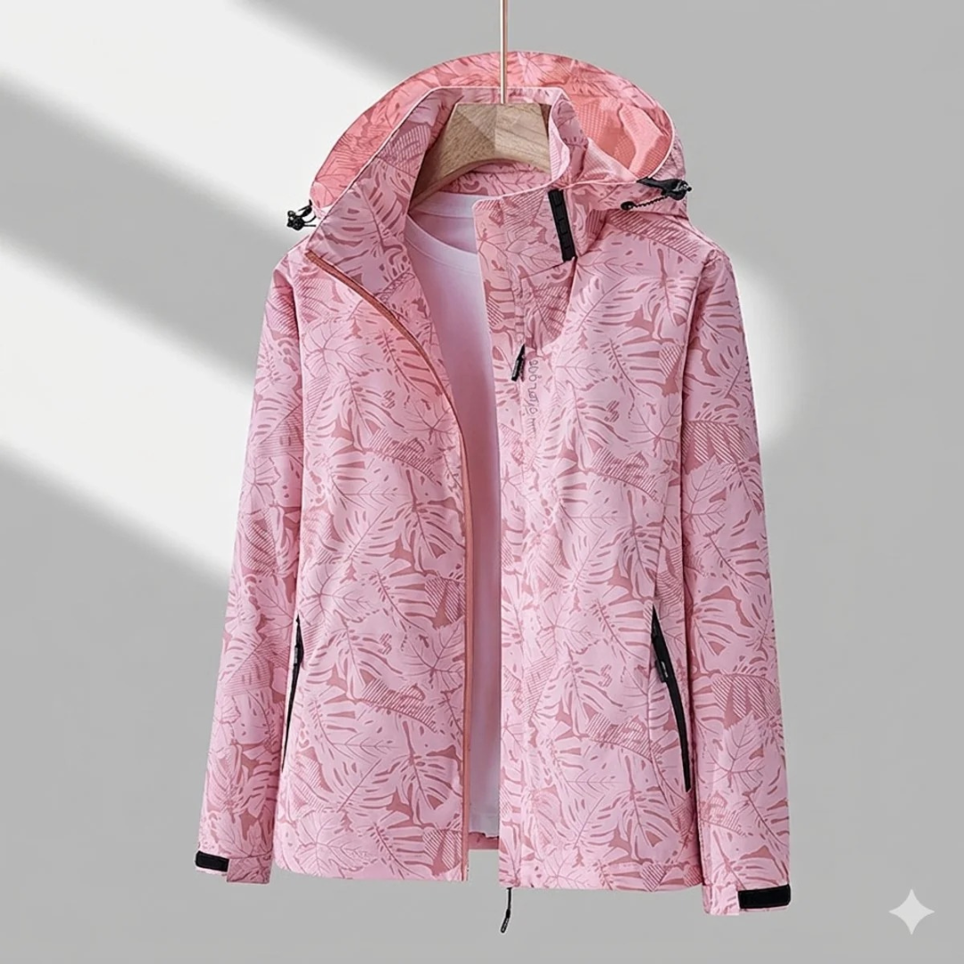 Miriam | Damen Wasserdichte Regenjacke mit Kapuze, Langer Schnitt und Muster Optik