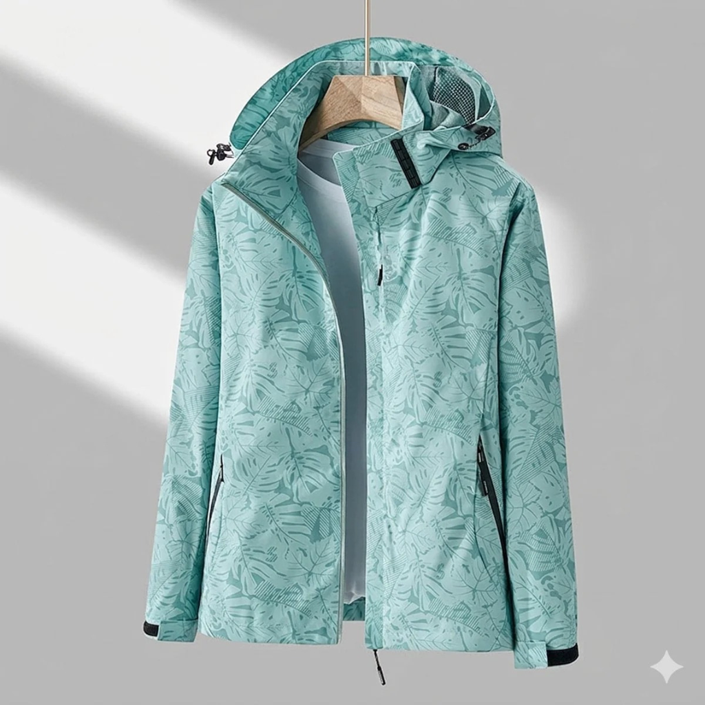 Miriam | Damen Wasserdichte Regenjacke mit Kapuze, Langer Schnitt und Muster Optik
